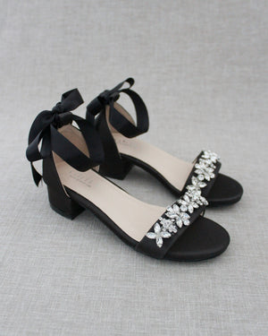 Satin Girls Block Heel Sandals with Floral Rhinestones