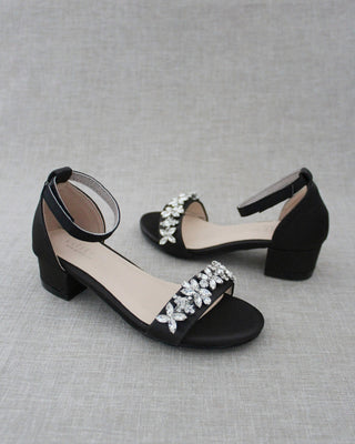 Satin Block Heel Sandals with Floral RhinestonesWomen Shoes