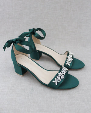 Satin Block Heel Sandals with Floral Rhinestones
