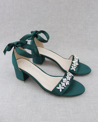 Satin Block Heel Sandals with Floral Rhinestones