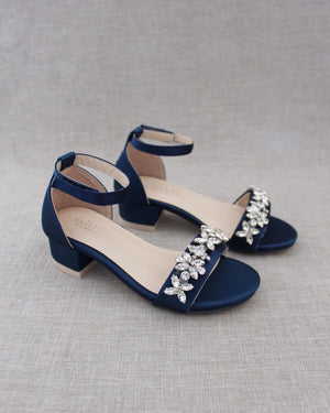 Satin Girls Block Heel Sandals with Floral Rhinestones