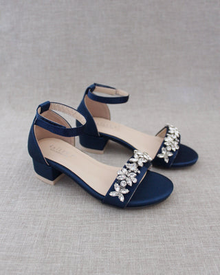 Satin Block Heel Sandals with Floral RhinestonesWomen Shoes