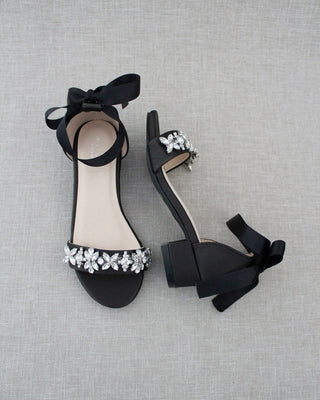 Satin Block Heel Sandals with Floral RhinestonesWomen Shoes