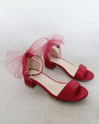 Satin Block Heel Sandals with Tulle Back Bow