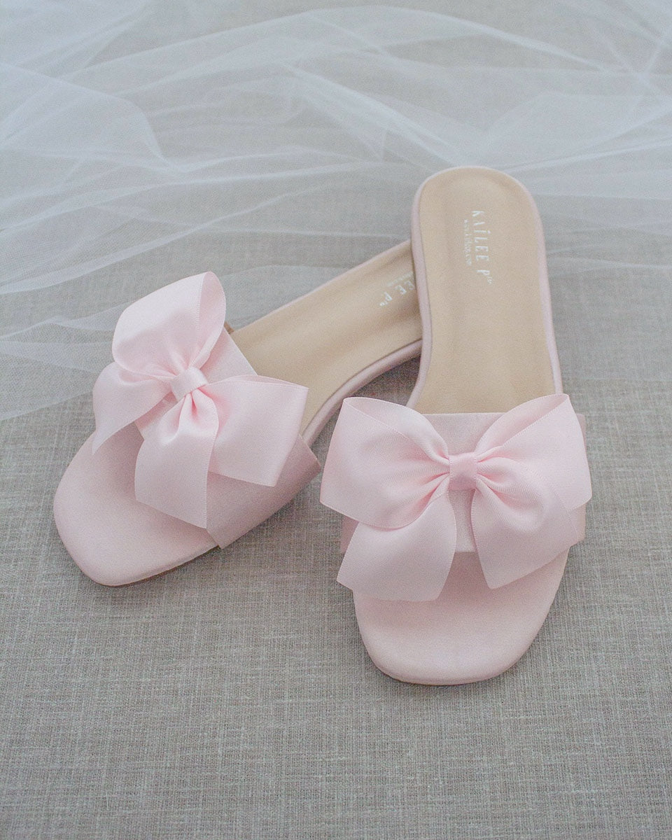 Satin Slip on Sandals with Satin Bow, Bridesmaids Sandal, Wedding Gift