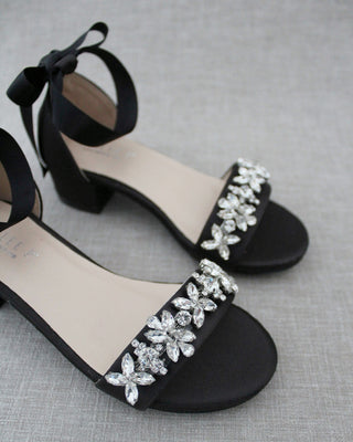 Satin Block Heel Sandals with Floral RhinestonesWomen Shoes