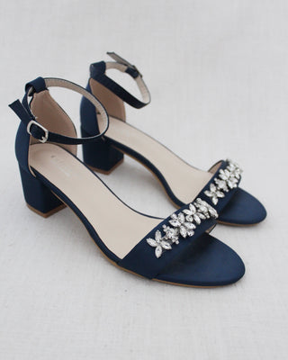 Satin Block Heel Sandals with Floral RhinestonesWomen Shoes