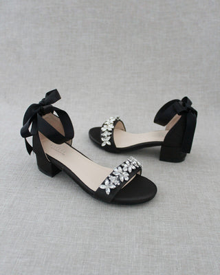Satin Block Heel Sandals with Floral RhinestonesWomen Shoes