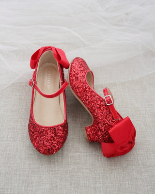 Rock Glitter Mary Jane Heels with Satin Bow for Girls