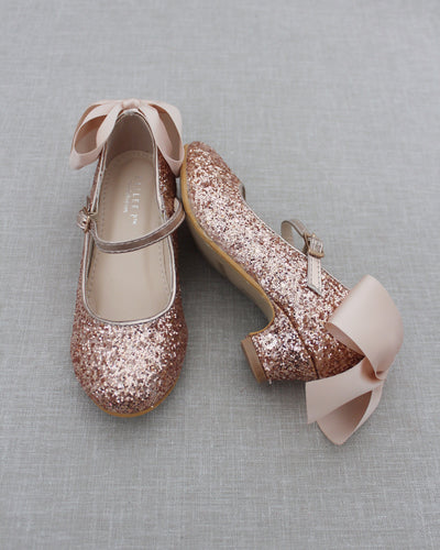 Rose Gold Glitter Kids Mary Jane Heels with Back Bow