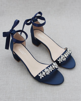 Satin Block Heel Sandals with Floral Rhinestones