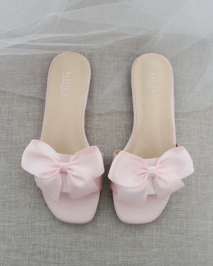 Pink Satin Slip on Sandals with Satin Bow