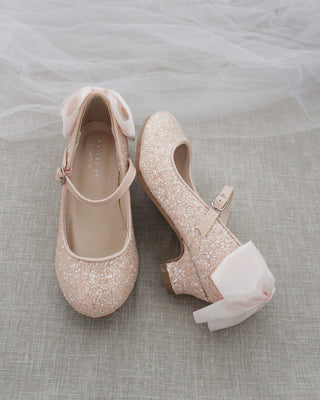 Rock Glitter Mary Jane Heels with Satin Bow for Girls