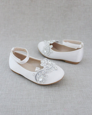girls white satin flats with rhinestones applique