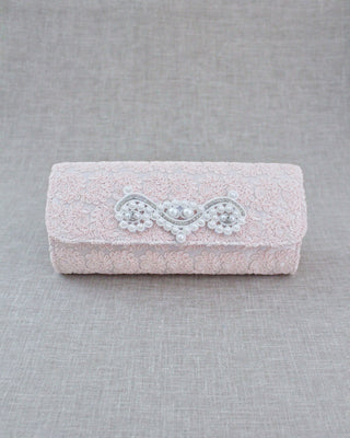dusty pink crochet lace bridal clutch with pearls 