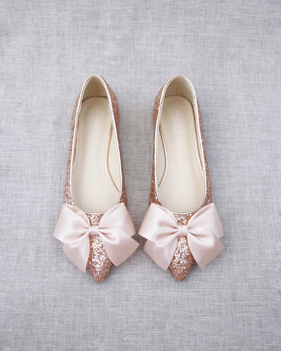 rose gold glitter pointy toe bridesmaids flats with bow