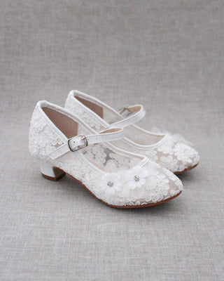 White Lace Mary Jane Kids Heels with Flowers