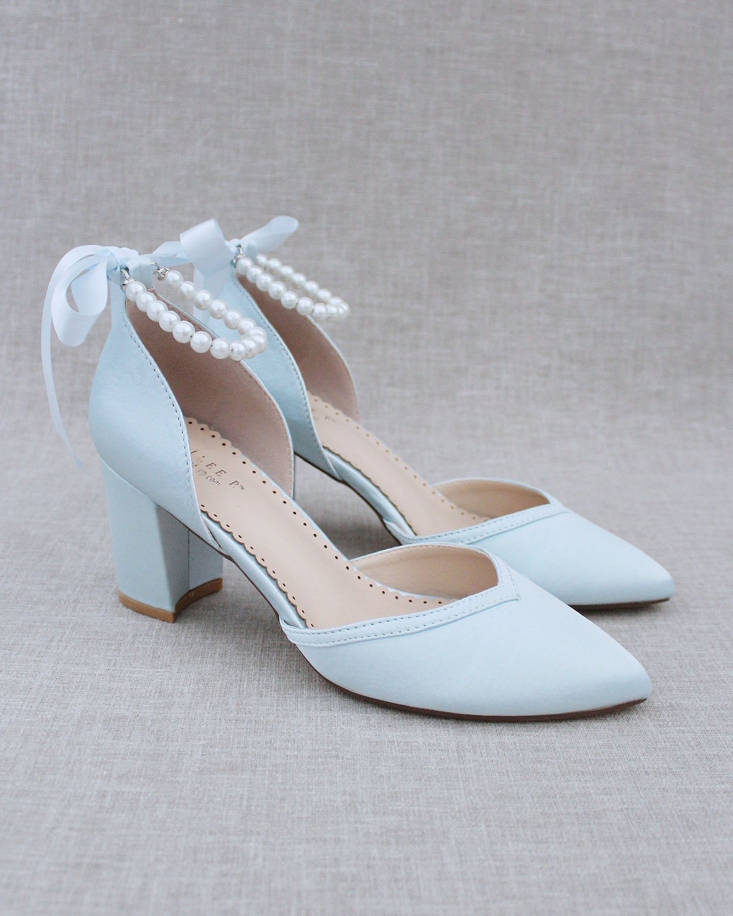 Satin Almond Toe Block Heel with Pearls Ankle Strap - Wedding Heels, Bridal  Shoes, Bridesmaids Shoes