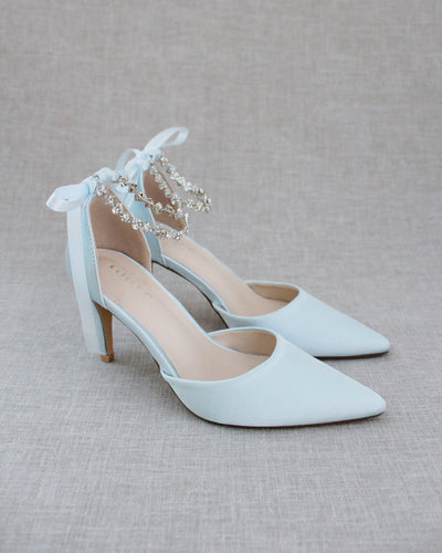 light blue satin wedding heels with crystal strap