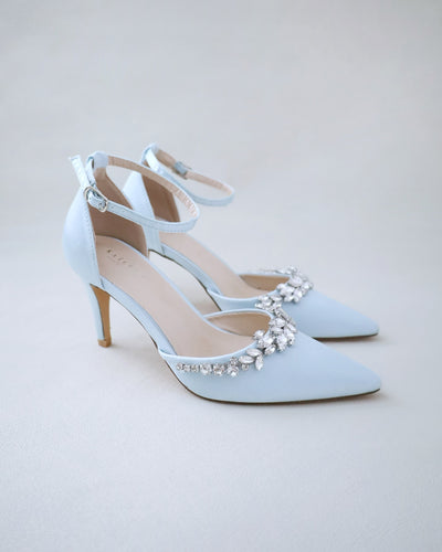 light blue satin pointy toe wedding heels with rhinestones