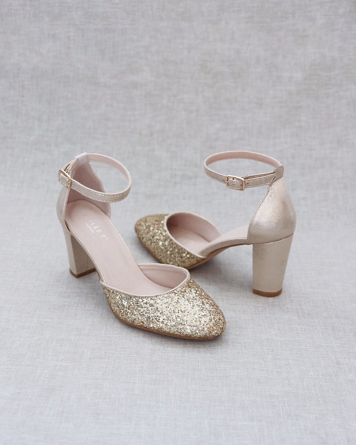 Gold Glitter Block Heel with Back Satin Bow Women Shoes Wedding