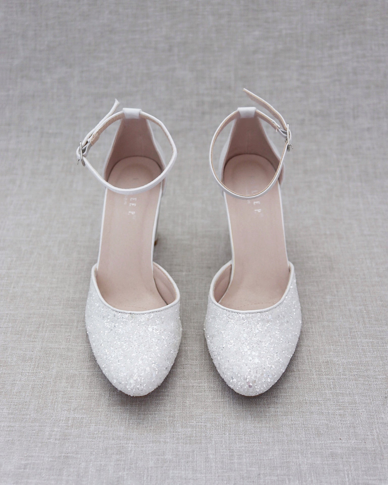 White Rock Glitter Block Heel with Ankle Strap Wedding Shoes 8.5
