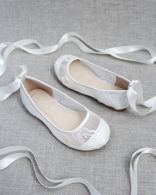 White Lace Girls Flats with Ballerina Laces