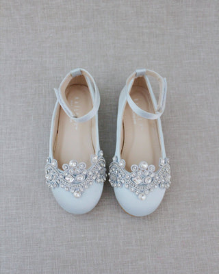 girls light blue satin flats with rhinestones applique