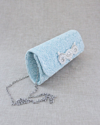 light blue crochet lace bridal clutch with pearls