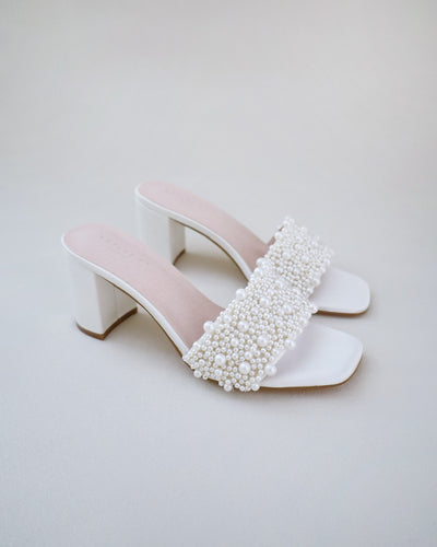 ivory pearls wedding block heel sandals