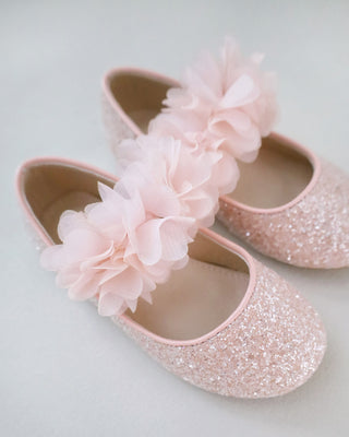 Rock Glitter Mary Jane Flats with Chiffon Flowers