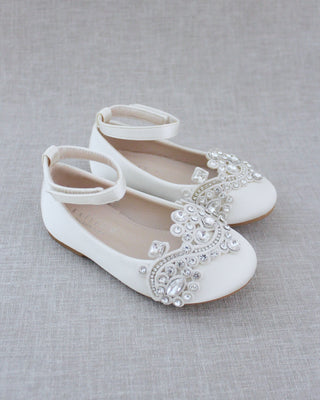 girls ivory satin flats with rhinestones applique