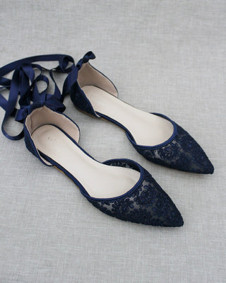 Navy Blue Lace Women Flats with Ballerina Laces