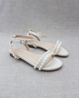 Satin Flat Sandal with Pearls and Ankle Strap