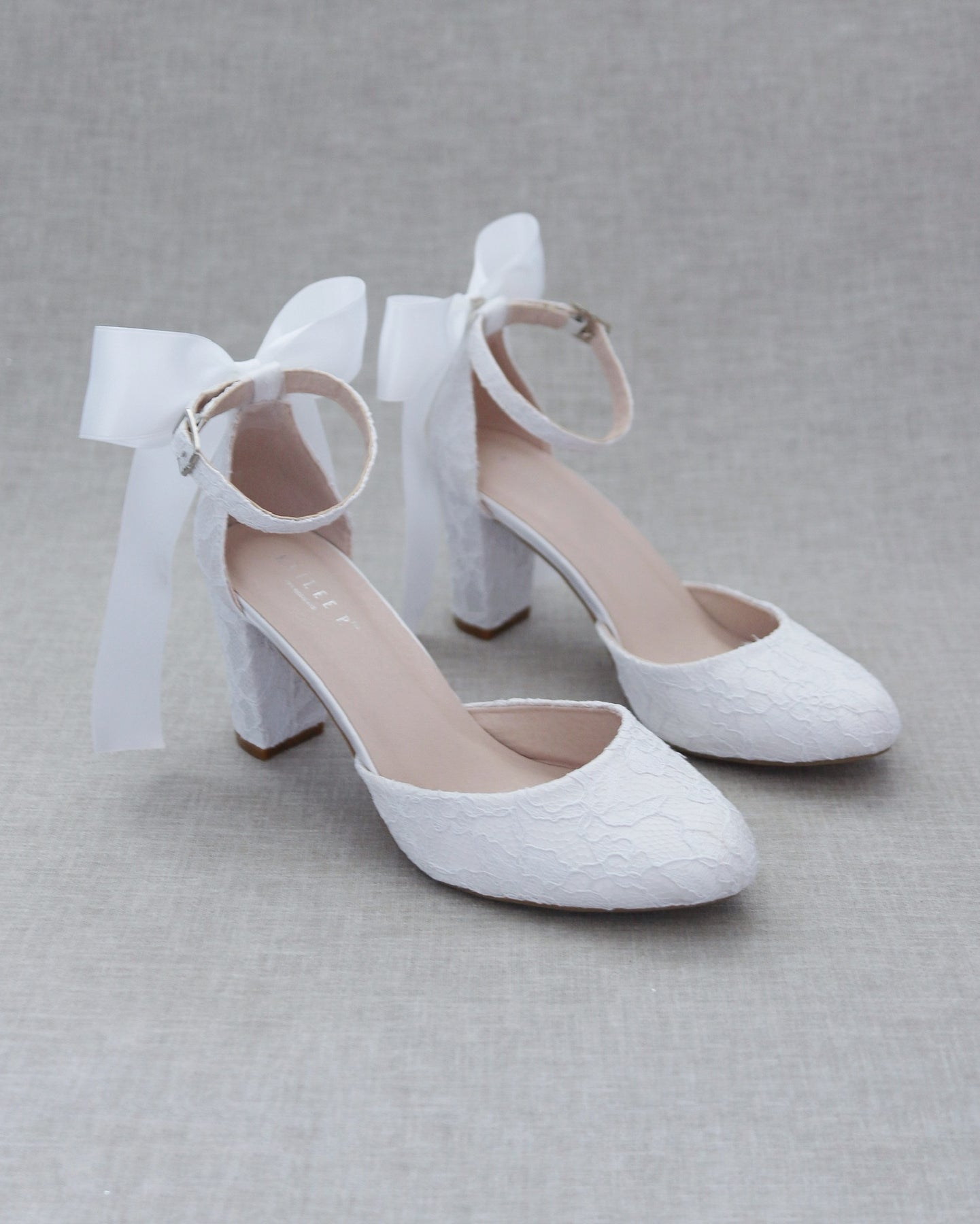 White Lace Block Heel with Satin Back Bow- Lace Shoes, White Heels, Wedding  Shoes
