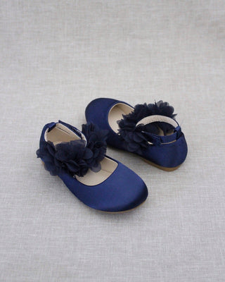 Satin Flats with Chiffon Flowers Ankle StrapKids Shoes