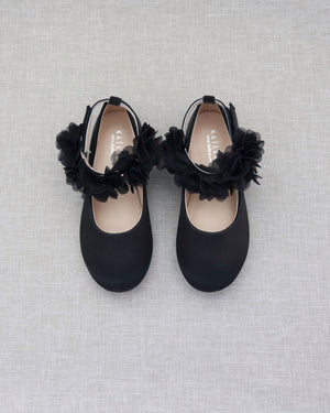 Black Satin Flats with Chiffon Flowers Ankle Strap