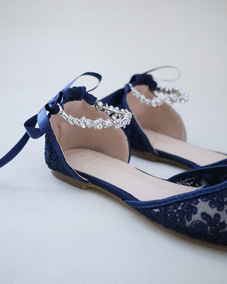 Evening Crochet Lace Pointy Toe Flats with Amaryllis Crystal StrapWomen Shoes
