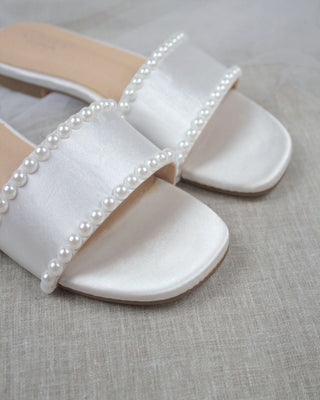 White Satin Slip on Sandals with Pearls