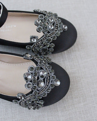girls black satin flats with rhinestones applique