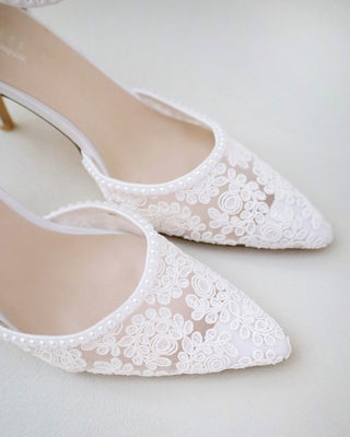 white crochet bridal shoes with pearls