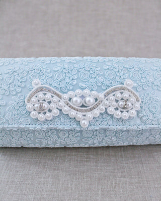 light blue crochet lace bridal clutch with pearls