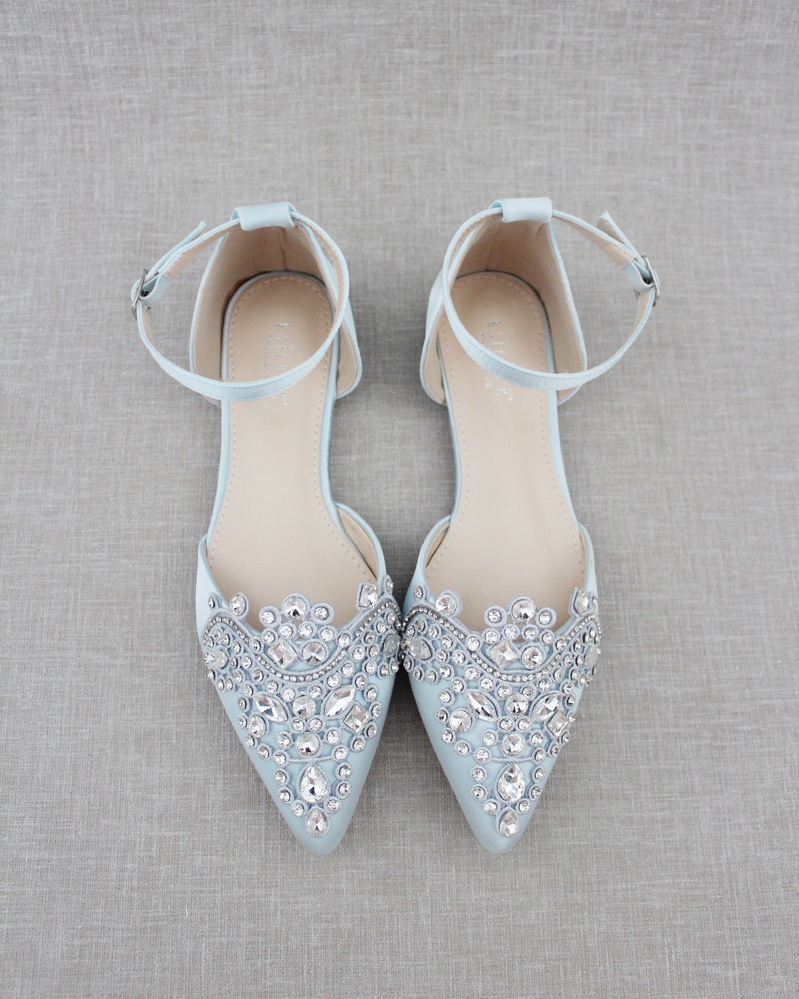 Light Blue Satin Pointy Toe Flats with Rhinestones Applique