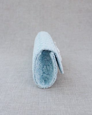 light blue crochet lace bridal clutch with pearls
