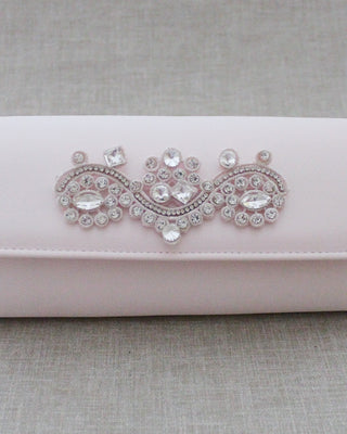 dusty pink satin bridal clutch with rhinestones applique