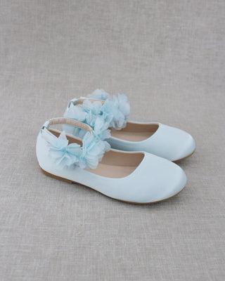 Satin Flats with Chiffon Flowers Ankle Strap