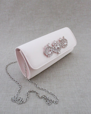 dusty pink satin wedding clutch with rhinestones applique