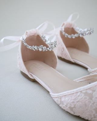 Evening Crochet Lace Pointy Toe Flats with Amaryllis Crystal StrapWomen Shoes