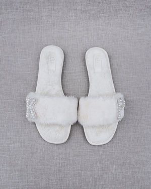 Personalized Faux Fur Slide Flat Wedding Sandals