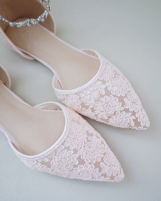 Evening Crochet Lace Pointy Toe Flats with Amaryllis Crystal StrapWomen Shoes